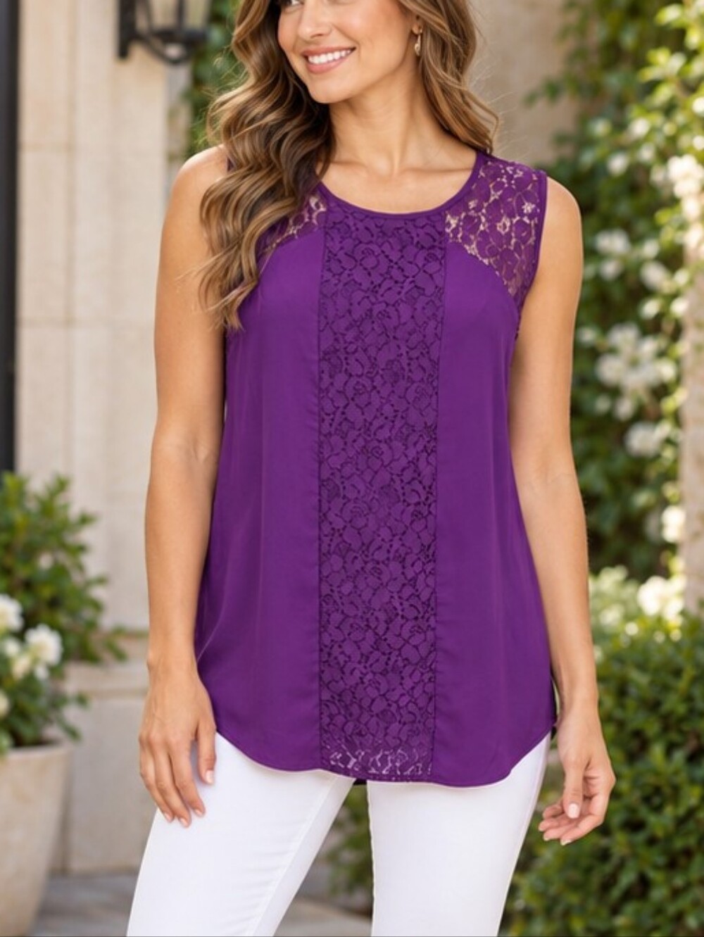 Worthington Purple Lace-Detail Sleeveless Top – Size L